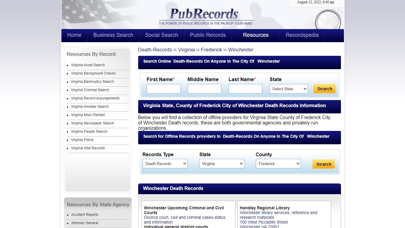 Winchester, Frederick County, Virginia Death Records